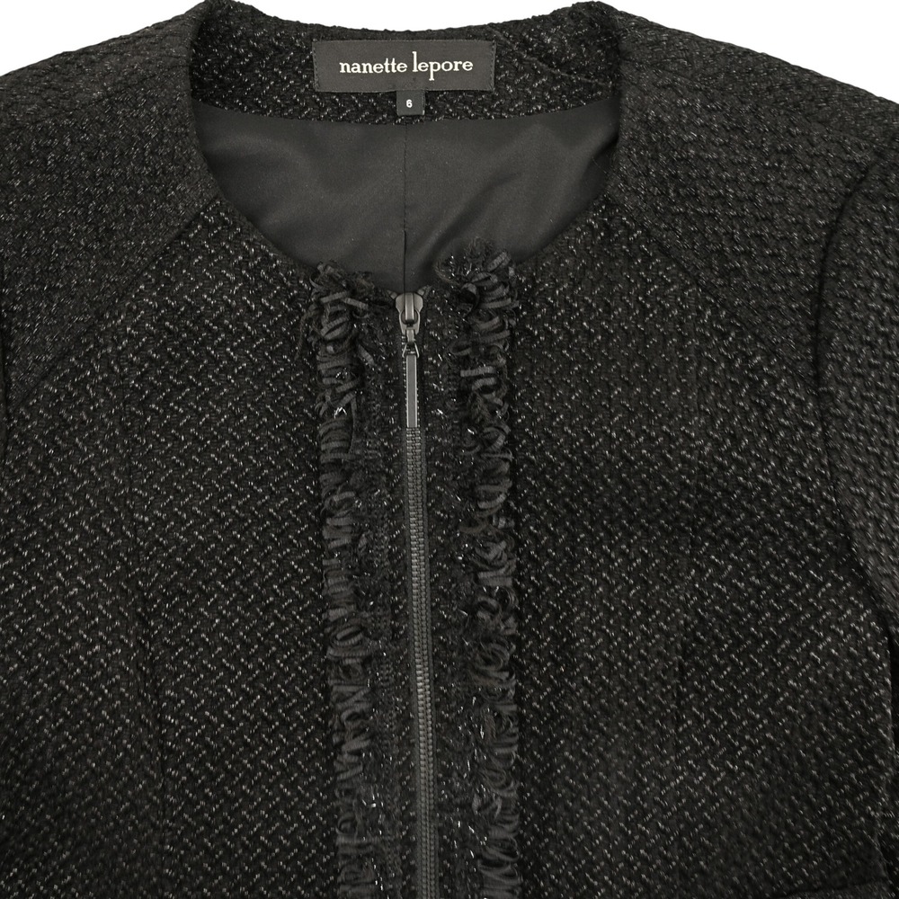 Nanette Lepore Women 6 Black Tweed Jacket Blazer Full Zip Fringe Crop Textured